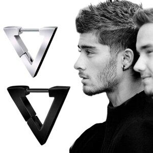 Mens Triangle Huggie Earrings Silver‎ Tone Copper Geometric Lightweight Jewelry